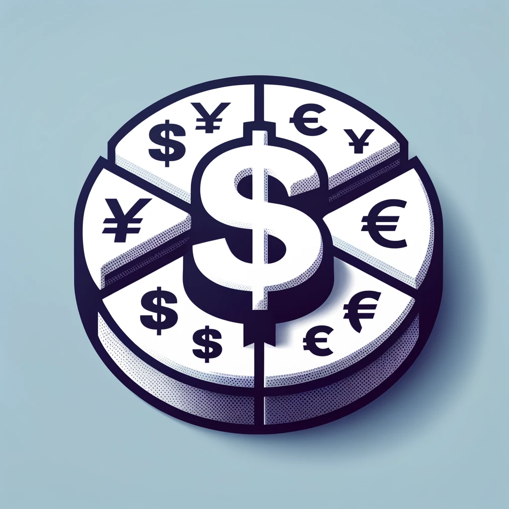 Currency converter icon featuring a large dollar sign with sections cut out like a pizza, representing different currencies.